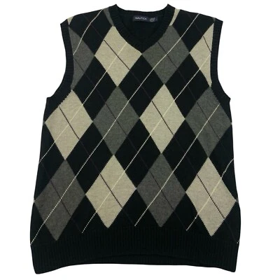 Chaleco Suéter Nautica Para Hombres L Negro Gris Lana Cachemira Golf Preppy Abuelo Foto 1 de 4