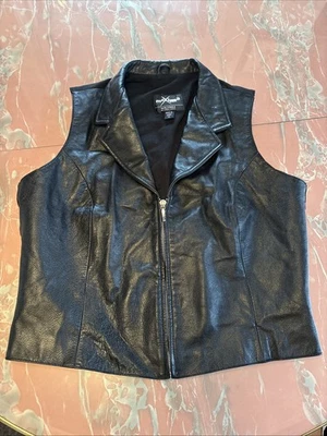 Винтажный 90-х Maxima Wilson кожаный жилет без рукавов черный молнии спереди резинке женщин XL - Изображение 1 из 4