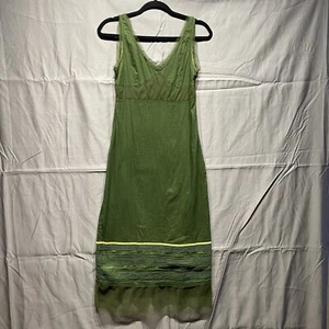 Johnny Was Calme Dress Sz 7 Midi Cotton Green V Neck Sleeveless Mesh Trim 90’s - Picture 1 of 14
