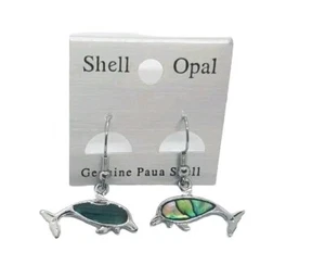 Dolphin Earrings Paua Abalone Pink or Blue Drop Charms VSCO Sealife Jewellery - Picture 1 of 8