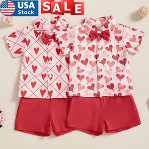 Toddler Kids Baby Boy Valentines Outfit Heart Print Button Down Shirt Clothes - Picture 1 of 13