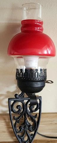 Vintage 1950s Wall Mount Lamp Cast Iron Cathedral T-12  &  Red Hurricane MCM Cover