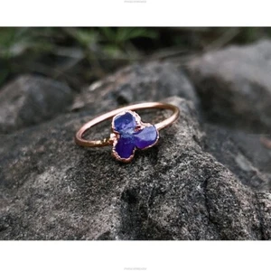 Triple Raw Promise Fine Birthday Ring 14k Yellow Gold Natural Amethyst Gemstone - Picture 1 of 6