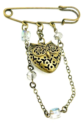 Hermoso broche prendedor de seguridad de búho de filigrana con cristales austriacos y cuentas de vidrio Foto 1 de 3