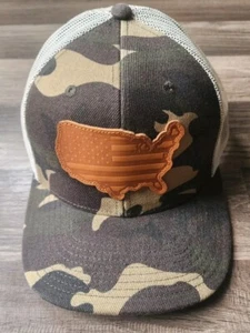 LOCAL CROWNS USA WOODLAND LEATHER STATE PATCH TRUCKER SNAPBACK HAT CAMO NATURAL - Picture 1 of 7