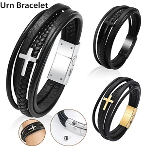 Cross Cremation Bracelet for Ashes Stainless Steel Leather Urn Memorial Jewelry - Picture 1 of 46