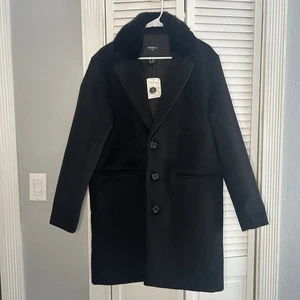 NWT Forever 21 Men's Trench Pea Coat Size Medium Black Fur Collar   - Picture 1 of 9