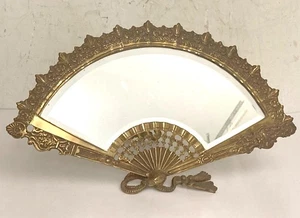 Antique Brass Framed Mirror Fan Shape Easel Back - Picture 1 of 6