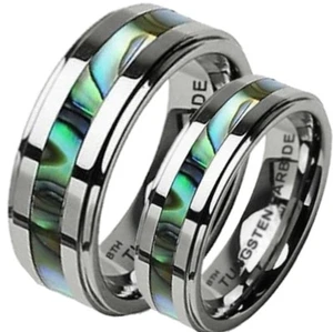 His and Hers Matching Abalone Shell Tungsten Wedding Couple Ring Sets- UK SELLER - Picture 1 of 7