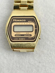 VINTAGE MONACO LCD QUARTZ WATCH - GOLD - MADE IN HONG KONG - NOS - 1970's - Picture 1 of 6