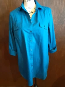 Coldwater Creek Medium 10- 12 Large Teal Blue Peacock Button Shirt NEW - Picture 1 of 5