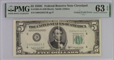 1950 C Federal Reserve Banknote Cleveland $5 dollars Gutter Fold Error PMG 63EPQ - Image 1 of 2
