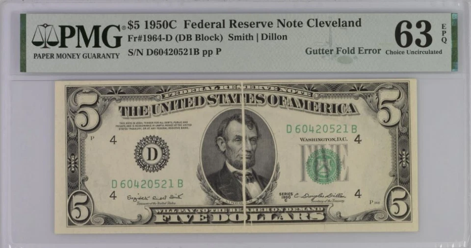 1950 C Federal Reserve Banknote Cleveland $5 dollars Gutter Fold Error PMG 63EPQ - Image 1 of 2