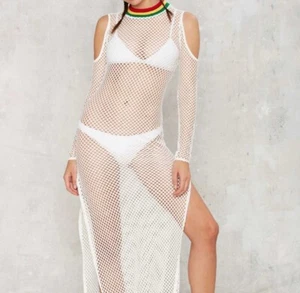 NWT Jaded London Nasty Gal White Rasta Fishnet Maxi Dress Swimsuit Coverup Sz M - Picture 1 of 7