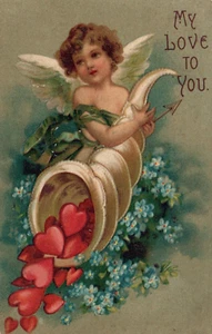Engel mit Füllhorn gefüllt mit Herzen und Blumen Valentinstag Postkarte - Bild 1 von 2