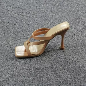 Women Thong Square Toe Stiletto Slip on High Heel Strappy Sandals Mules Beige 10 - Picture 1 of 6