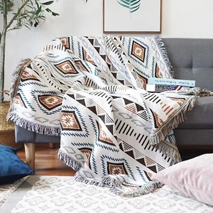 Large -XXXL Blue Cream Tribal Indian Cotton Throw Blanket Aztec Beach Picnic Rug - Bild 1 von 50