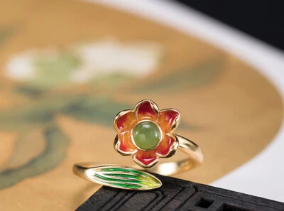 I04 Anello Multicolore Fiore con Verde Giada Argento 925 Placcato Oro Tgl 17-18 - Immagine 1 di 4