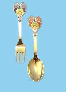 1972 HERALD A. Michelsen Gold Vermeil Sterling Silver Christmas Fork / Spoon Set - Picture 1 of 6