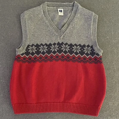Janie and Jack Boys Fairisles Sweater Vest 4 Red Gray Blue V-Neck Cotton 2015 - Image 1 of 4