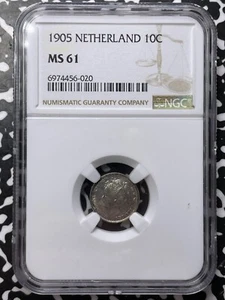 1905 Netherlands 10 Cents NGC MS61 Lot#G7661 Silver! Nice UNC! - Picture 1 of 3