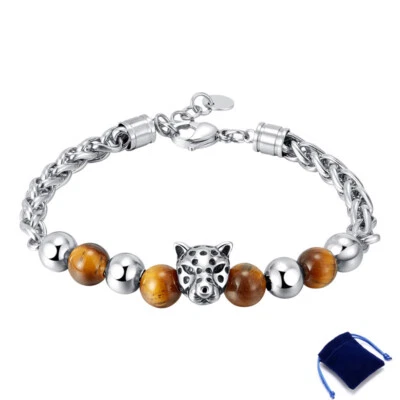 Pulsera de cadena de acero inoxidable con cuentas con cabeza de leopardo ajustable para hombre 7,5"-8,7" Foto 1 de 4