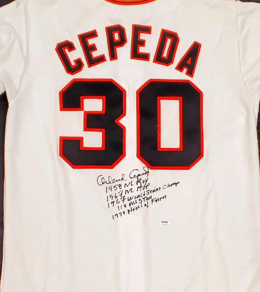 Camiseta deportiva Orlando Cepeda firmada con autógrafo Giants Stat con 5 inscripciones ~ PSA/DNA Foto 1 de 4