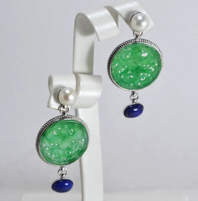 ORECCHINI  ARGENTO 925 PERLE GIADA TONDA E LAPISLAZZULI                 AGHT 024 - Immagine 1 di 2