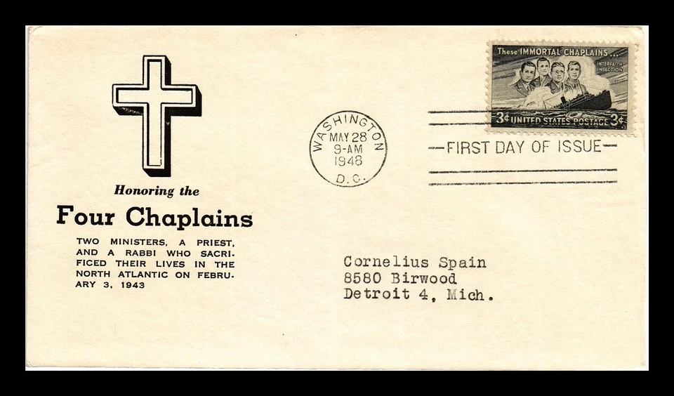 956 3c Stamp (1948) THE BENEVOLENT FOUR CHAPLAINS FDC - DETROIT LUDWIG - RARE - Image 1 of 1