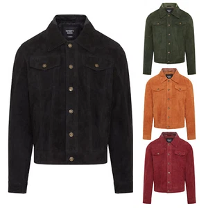 Mens Trucker Leather Jacket Goat Suede Western Denim Jeans Style Shirt - Picture 1 of 33