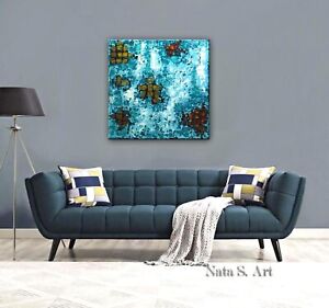 30" x 30" Large Abstract Textured Painting Ready to Hang Turquoise Blue Gold Art