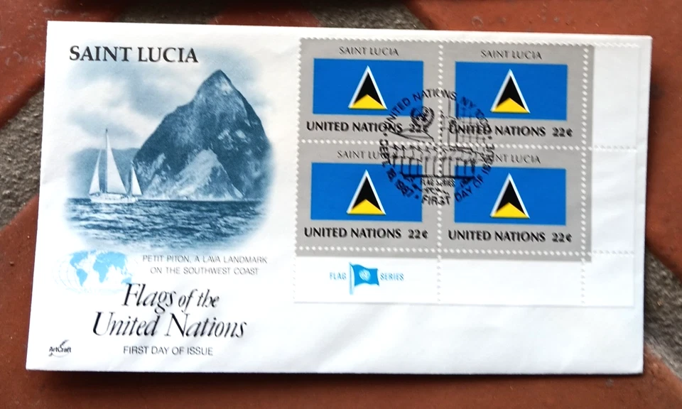 ST LUCIA NATIONAL FLAG PETIT PETON 1987 ARTCRAFT CACHET MI4 BLOCK U.N. N.Y. FDC - Image 1 of 1