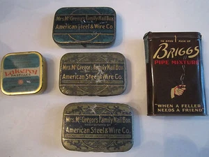 5 VINTAGE TINS  3 MRS MCGREGOR'S NAIL BOXES LAKEROL, BRIGGS PIPE MIXTURE    BN-6 - Picture 1 of 7