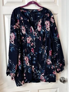 Roaman’s 32W Royal Blue Floral Button Down Tunic Long Sleeve Roll Tab - Picture 1 of 18