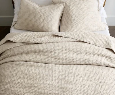 Pottery Barn Quilt Pick Stitch Full Queen Flax Cotton Linen Shams Set Lot Bed - Image 1 of 4