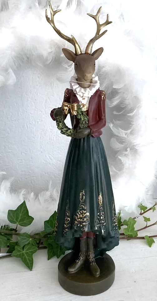 Großer Hirsch Hirschdame mit Kranz  Figur Skulptur, Rot - Grün - Gold, 36 cm - Bild 1 von 4