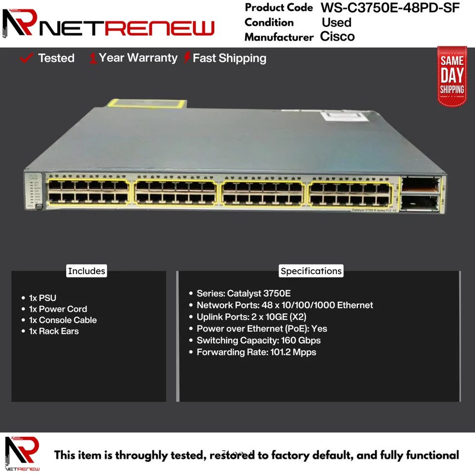WS-C3750E-48PD-SF Cisco 3750E 48 Port PoE  Gigabit Switch - Image 1 of 1