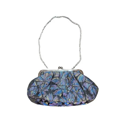 Vintage Joan Rivers Black Purple Fabric Silver Kiss Clasp Clutch Evening Bag Foto 1 de 4