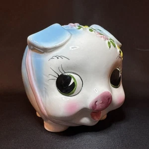 Vintage Anthropomorphic Blue Pig 5" Piggy Bank Ceramic Floral Wreath Pink Ribbon - Picture 1 of 4