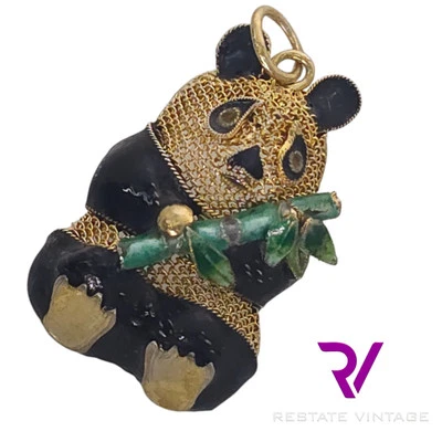 Chinese Export Sterling Silver Filigree & Enamel Panda With Bamboo Pendant - Image 1 of 4