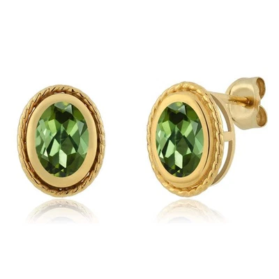 Aretes de plata enchapados en oro amarillo de 18 quilates de turmalina verde forma ovalada de 1,70 quilates Foto 1 de 2
