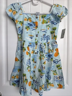 NUEVO NUEVO CON ETIQUETAS Vestido Gymboree Niñas Talla 8 Precioso Mezcla de Lino Azul Temático de Viaje Foto 1 de 3