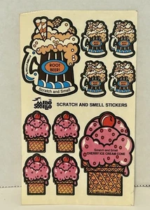 Vtg MELLO SMELLO Scratch & Sniff Sticker Sheet Root Beer & Cherry Ice Cream - Picture 1 of 7