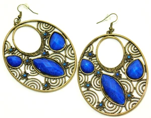 Huge Vintage 1980's Blue Faceted Lucite Floral Antiqued Gold Tone Drop Earrings - Picture 1 of 2