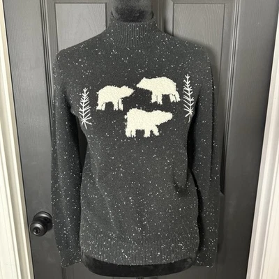 LOFT Polar Bear Marled Mock Neck Sweater Black/White Size Small Winter Cozy - Image 1 of 4