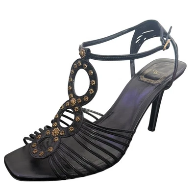 Christian Dior Black Strappy Open Toe Sandal Heels Size 40 Studs Ankle Strap - Image 1 of 4