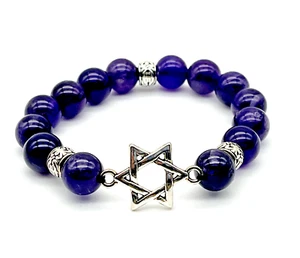 Bracciale fatto a mano ametista e perle argento 10mm pietra preziosa stella ebraica di Davide - Foto 1 di 4