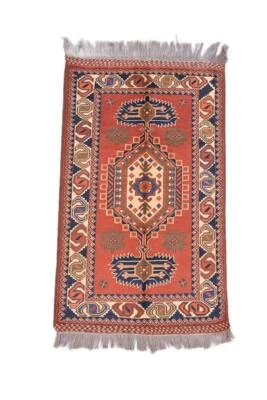 Alfombra de lana vintage hecha a mano roja tribal turca 2' 6" x 4' 1" Foto 1 de 4