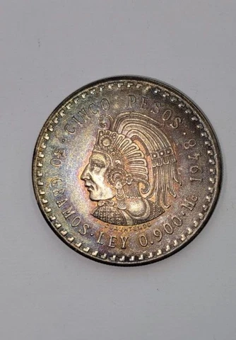 1948 Mexican .900 Silver 5 Pesos Cuauhtemoc Aztec Coin Toned Uncirculated Cover