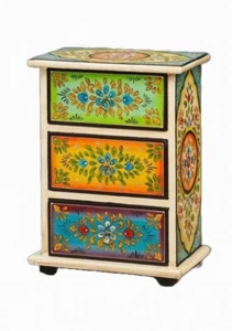 Mini Wooden Chest 3 Drawers Hand Painted Multi Colour for Jewellery and Trinkets - Picture 1 of 4